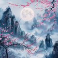 Cherry Blossom Moonlight Mountainscape - Diamond Painting