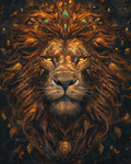 Majestic amber-toned lion portrait rendered as diamond painting art