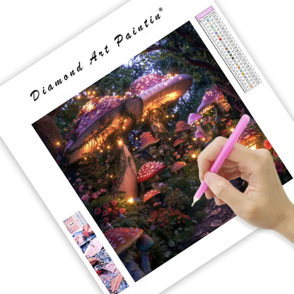 Whimsical Garden with Giant Mushrooms - Diamond Painting
