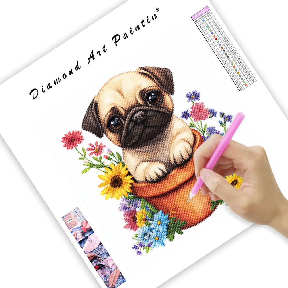 Pug in a Flower Pot - Diamond Painting