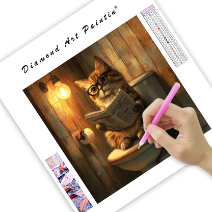 Relaxed Cat Reading the Newspaper - Diamond Painting
