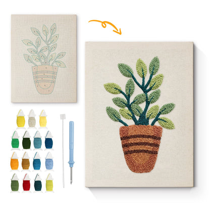Potted Plant with Green Leaves - Punch Needle