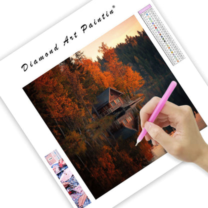 Cabin by the Autumn Lake - Diamond Painting