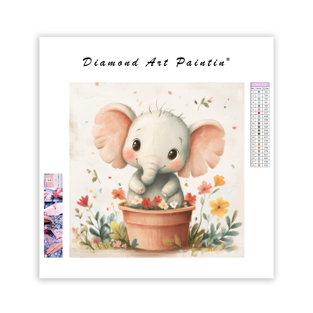 Happy Elephant in a Flower Pot - Diamond Painting
