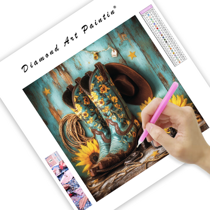 Western Cowboy Gear with Sunflowers - Diamond Painting