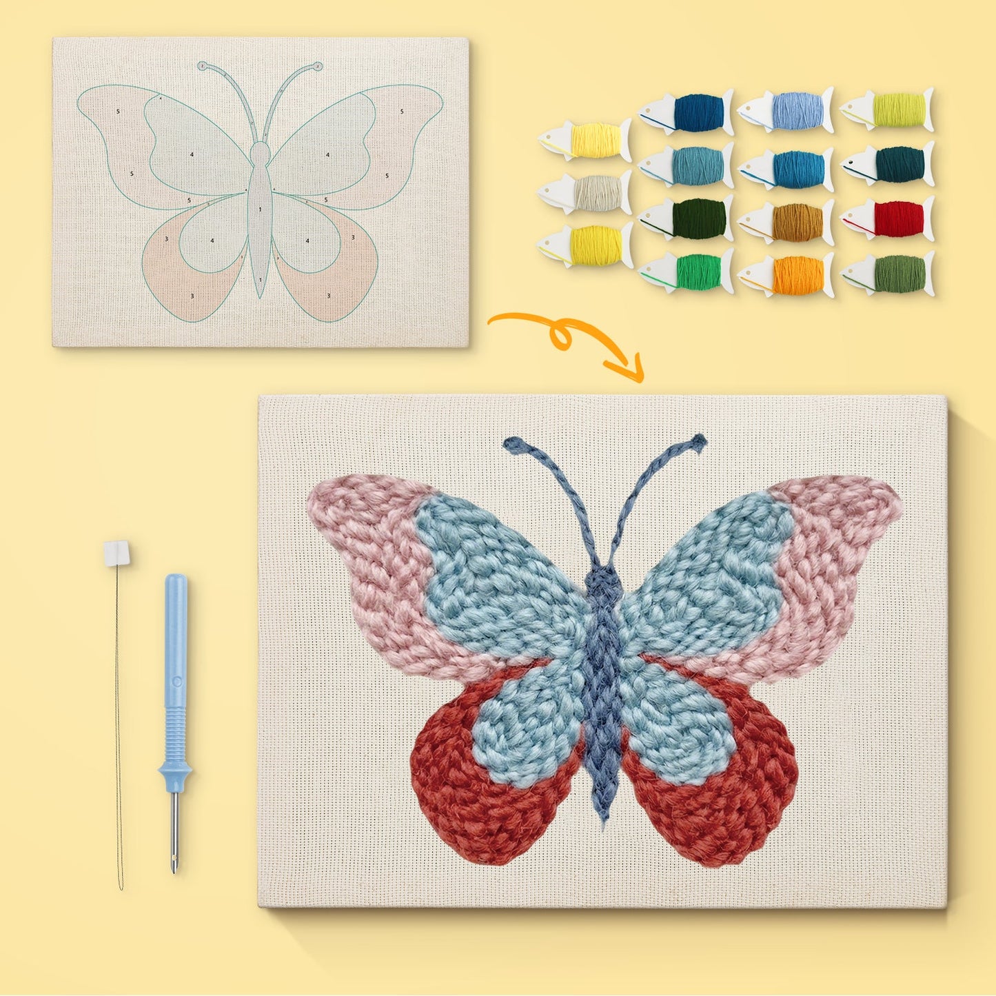 Blue & Red Butterfly - Punch Needle