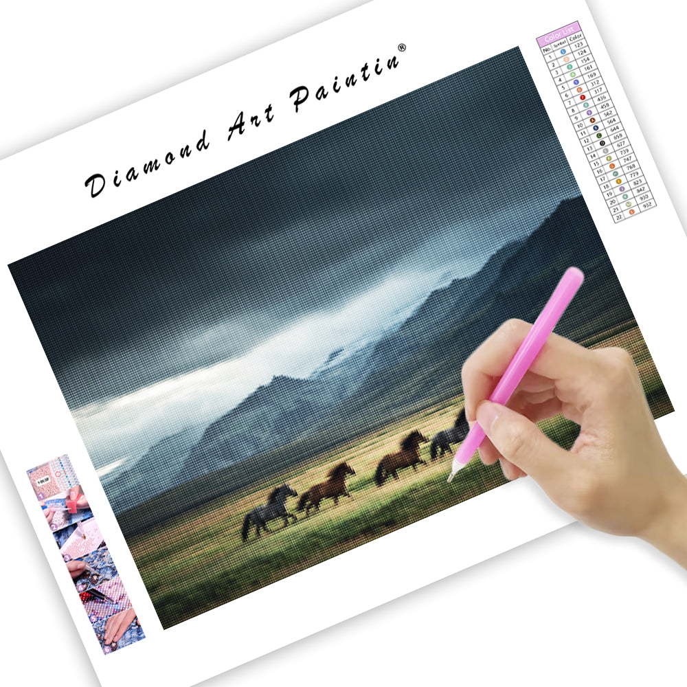 Icelandic Horses in a Field - Diamond Painting