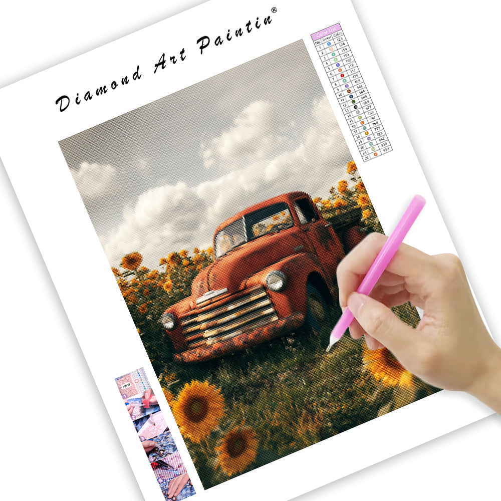 Vintage Truck Surrounded by Sunflowers - Diamond Painting