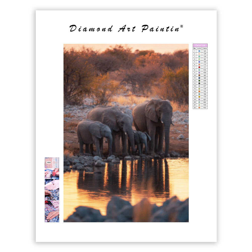 Elephant Family at the Waterhole - Diamond Painting
