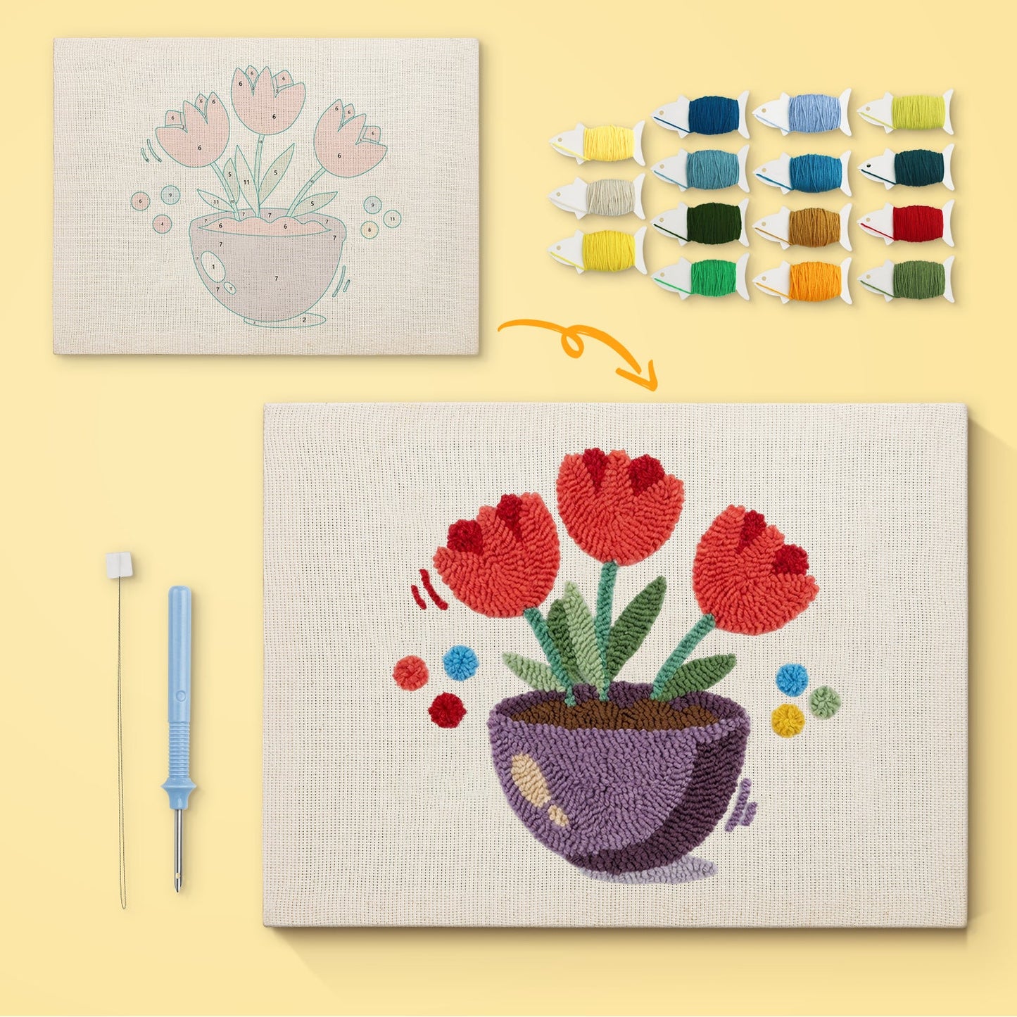 Vibrant Tulips in Pot - Punch Needle