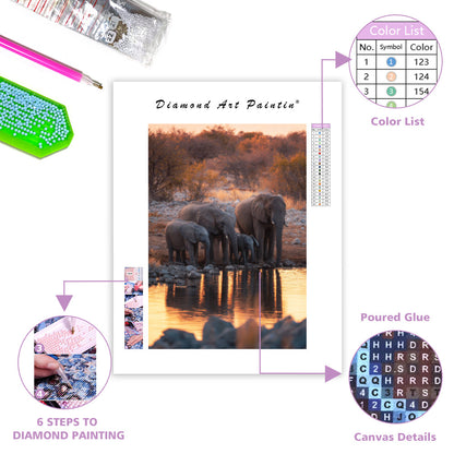 Elephant Family at the Waterhole - Diamond Painting