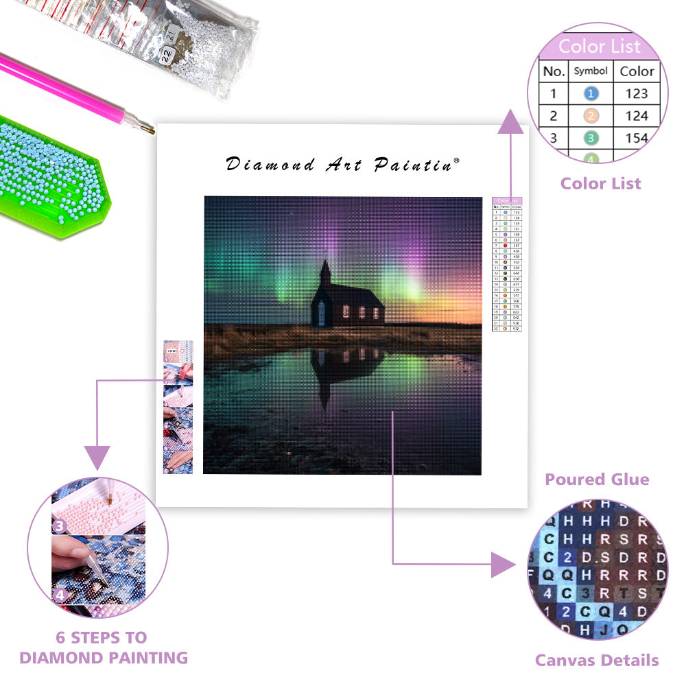 Icelandic Church under Aurora - Diamond Painting