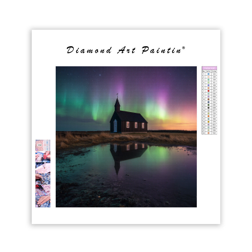 Icelandic Church under Aurora - Diamond Painting