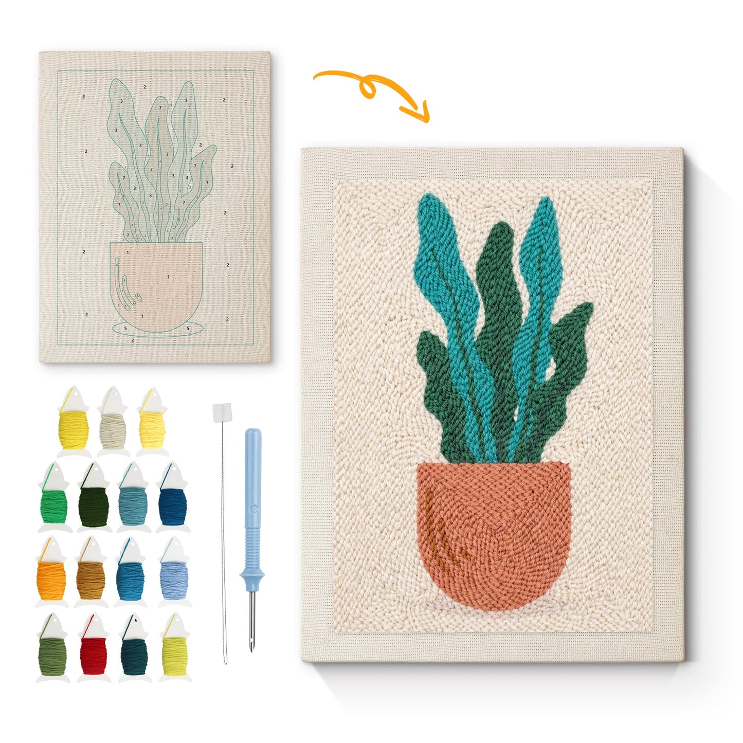 Green Leaves in Terracotta Pot - Punch Needle