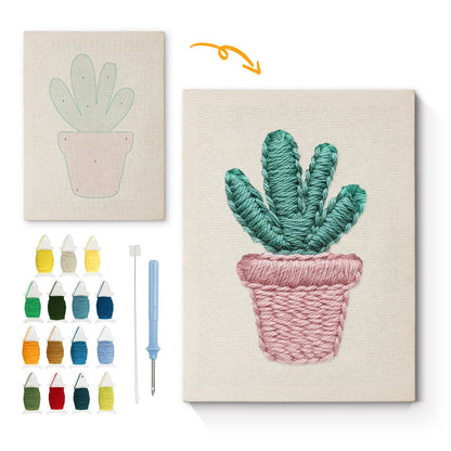 Pink Pot with Green Cactus - Punch Needle