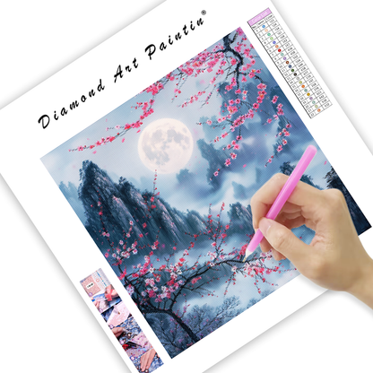 Cherry Blossom Moonlight Mountainscape - Diamond Painting