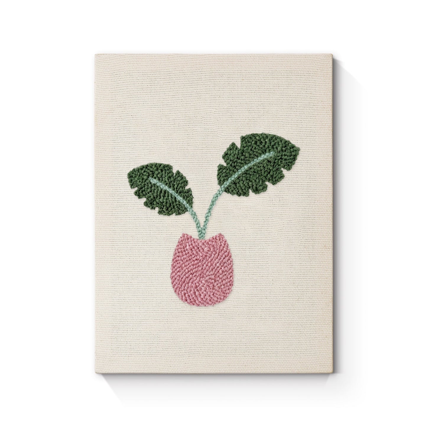 Pink Pot with Green Leaves - Punch Needle