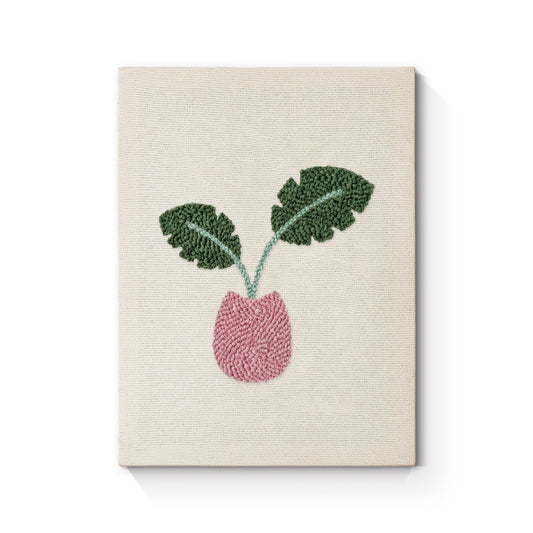 Pink Pot with Green Leaves - Punch Needle