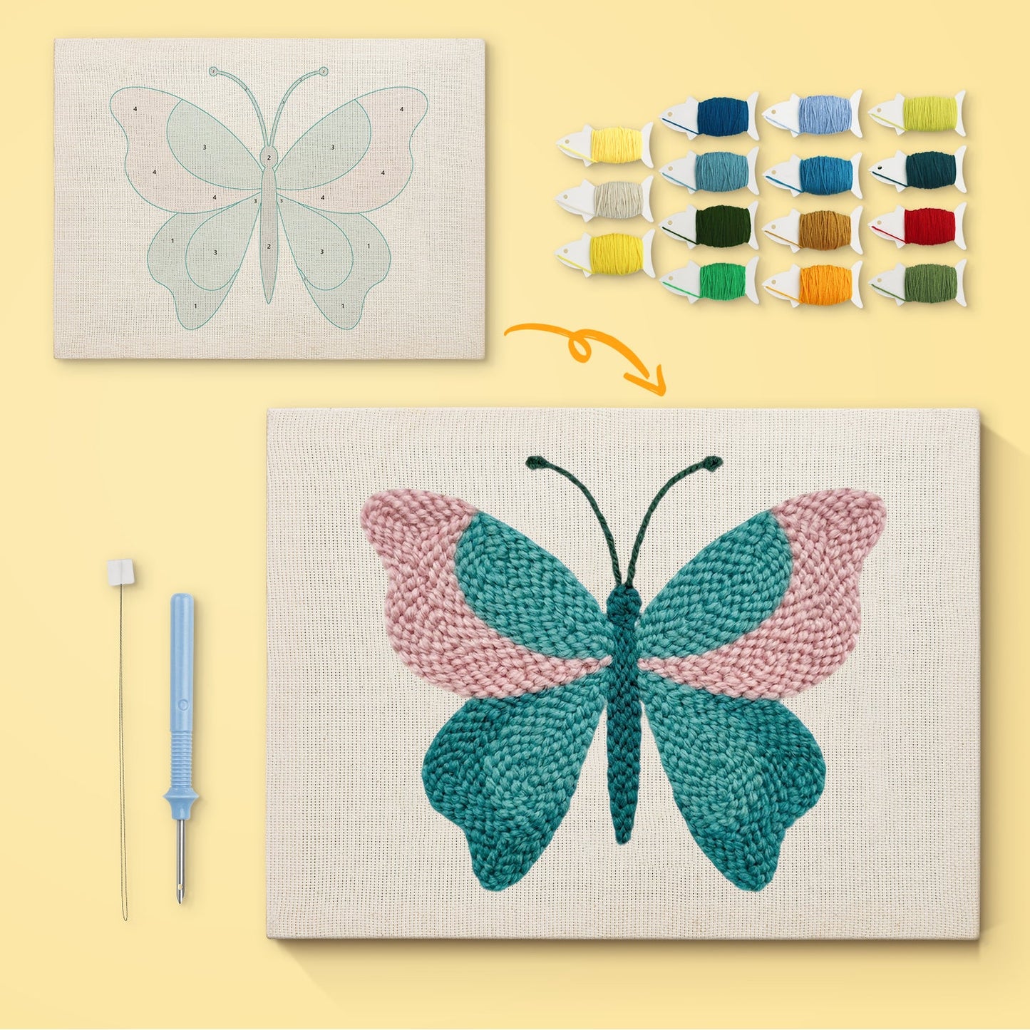 Teal & Pink Butterfly - Punch Needle