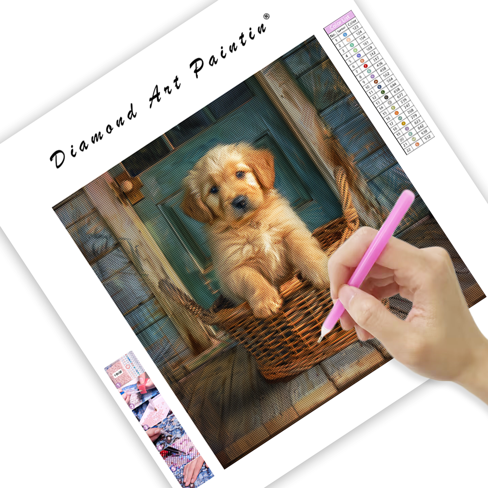 Golden Puppy in a Basket - Diamond Painting