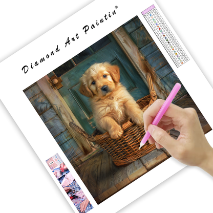 Golden Puppy in a Basket - Diamond Painting