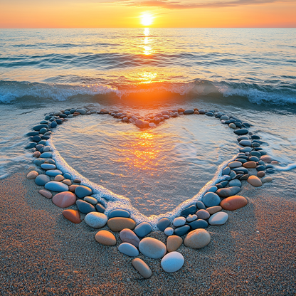 Heart-Shaped Beach Sunset - Diamond Painting