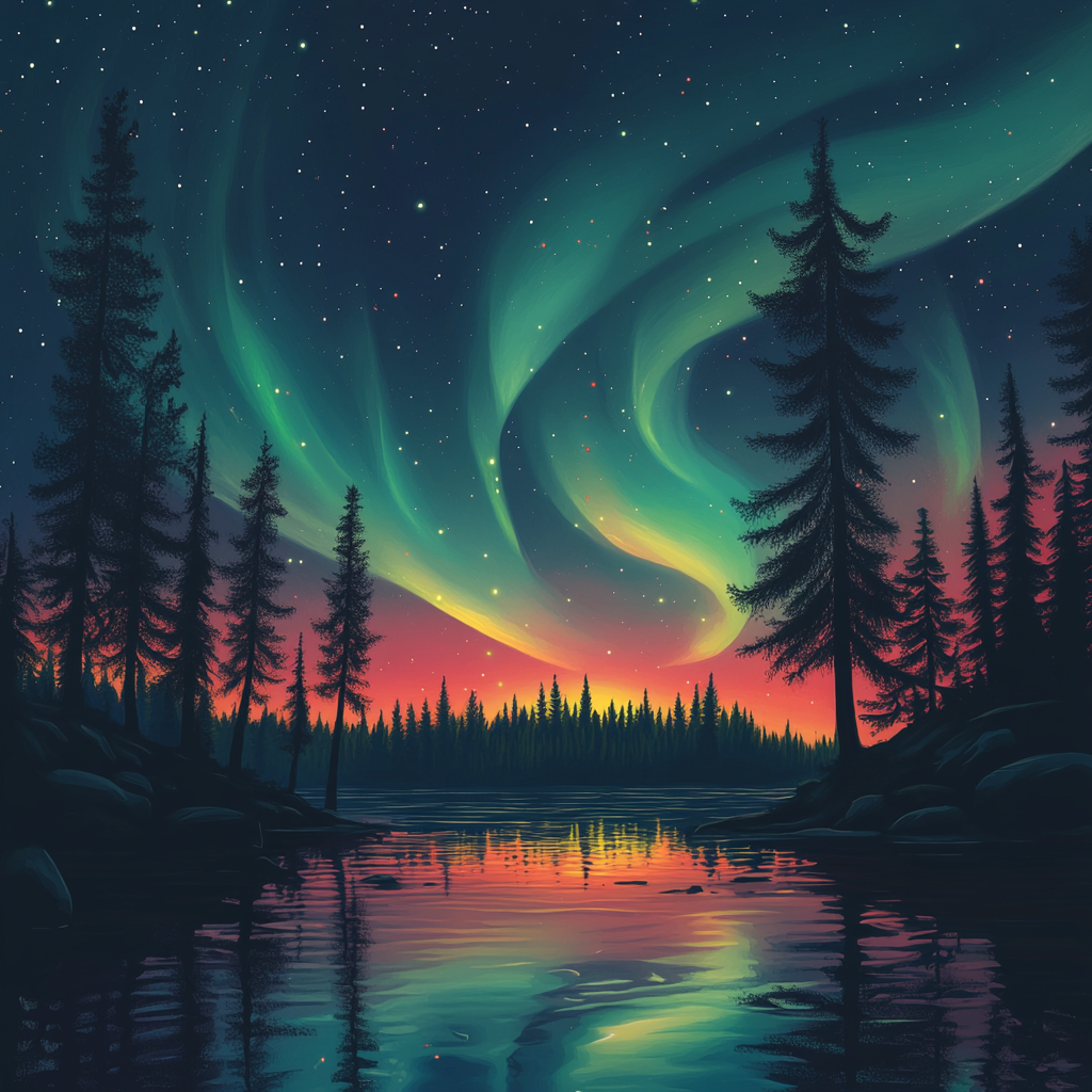 Northern Lights with Pine Trees - Diamond Painting