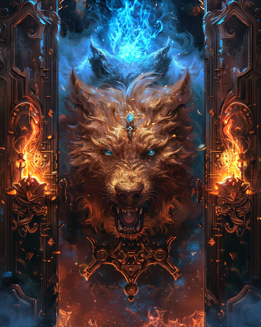 Fierce inferno hound covered in flames in diamond art