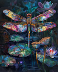 Rainbow-lit dragonfly with prismatic wings in diamond painting art