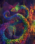 Rainbow serpent with colorful shimmering scales in diamond art