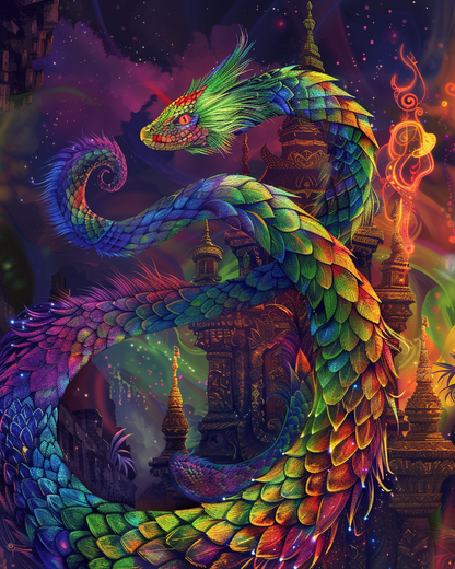 Rainbow serpent with colorful shimmering scales in diamond art
