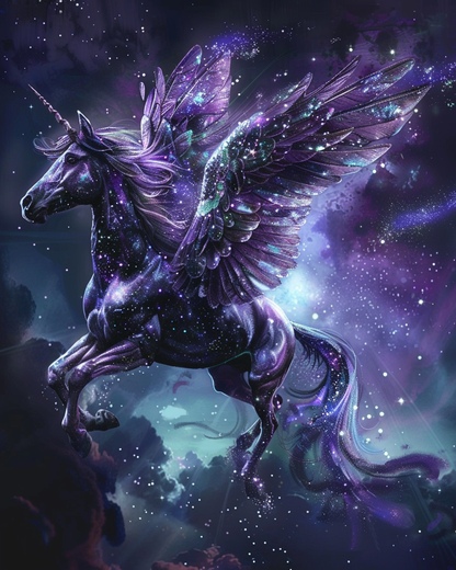 Pegasus soaring through sparkling stardust in diamond painting art