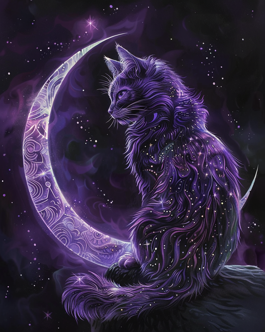 Cat surrounded by glowing violet flames in diamond art