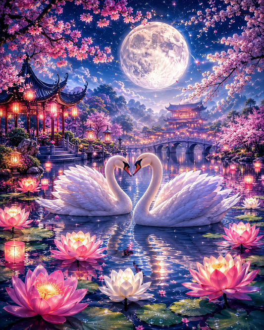 Moonlit Swan Garden - Diamond Painting