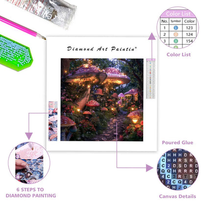 Whimsical Garden with Giant Mushrooms - Diamond Painting