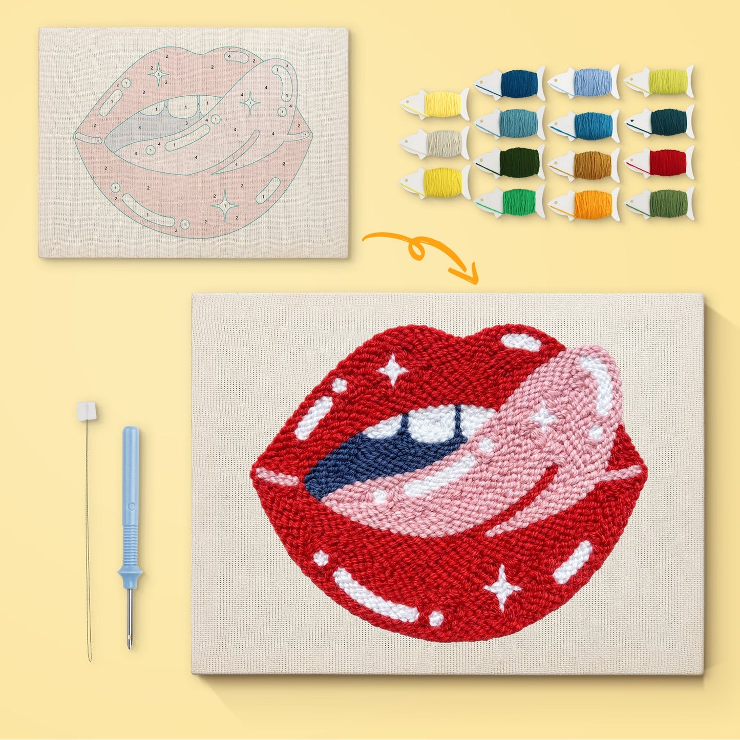 Red Lips with Pink Tongue - Punch Needle