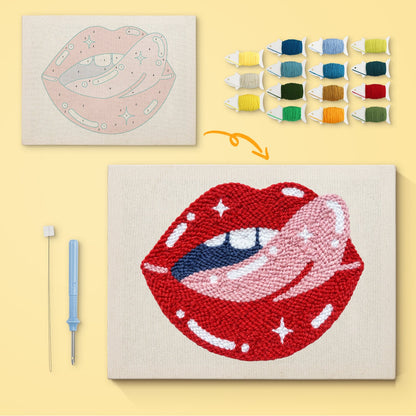 Red Lips with Pink Tongue - Punch Needle