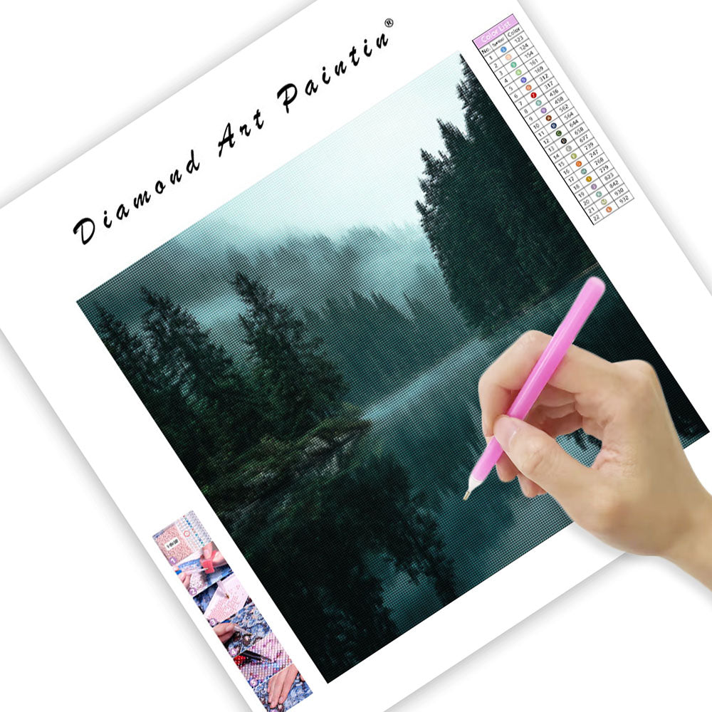 Mystical Fog over Lake - Diamond Painting