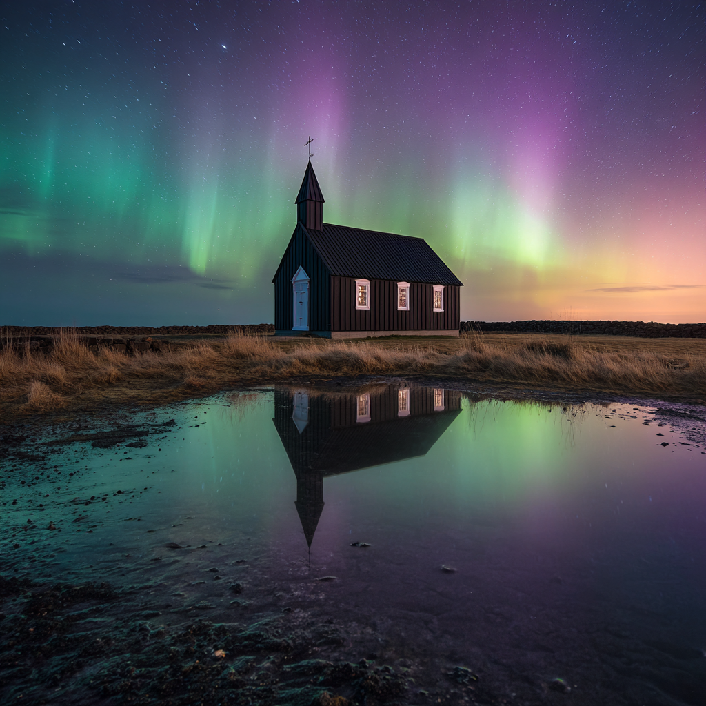 Icelandic Church under Aurora - Diamond Painting