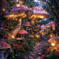 Whimsical Garden with Giant Mushrooms - Diamond Painting