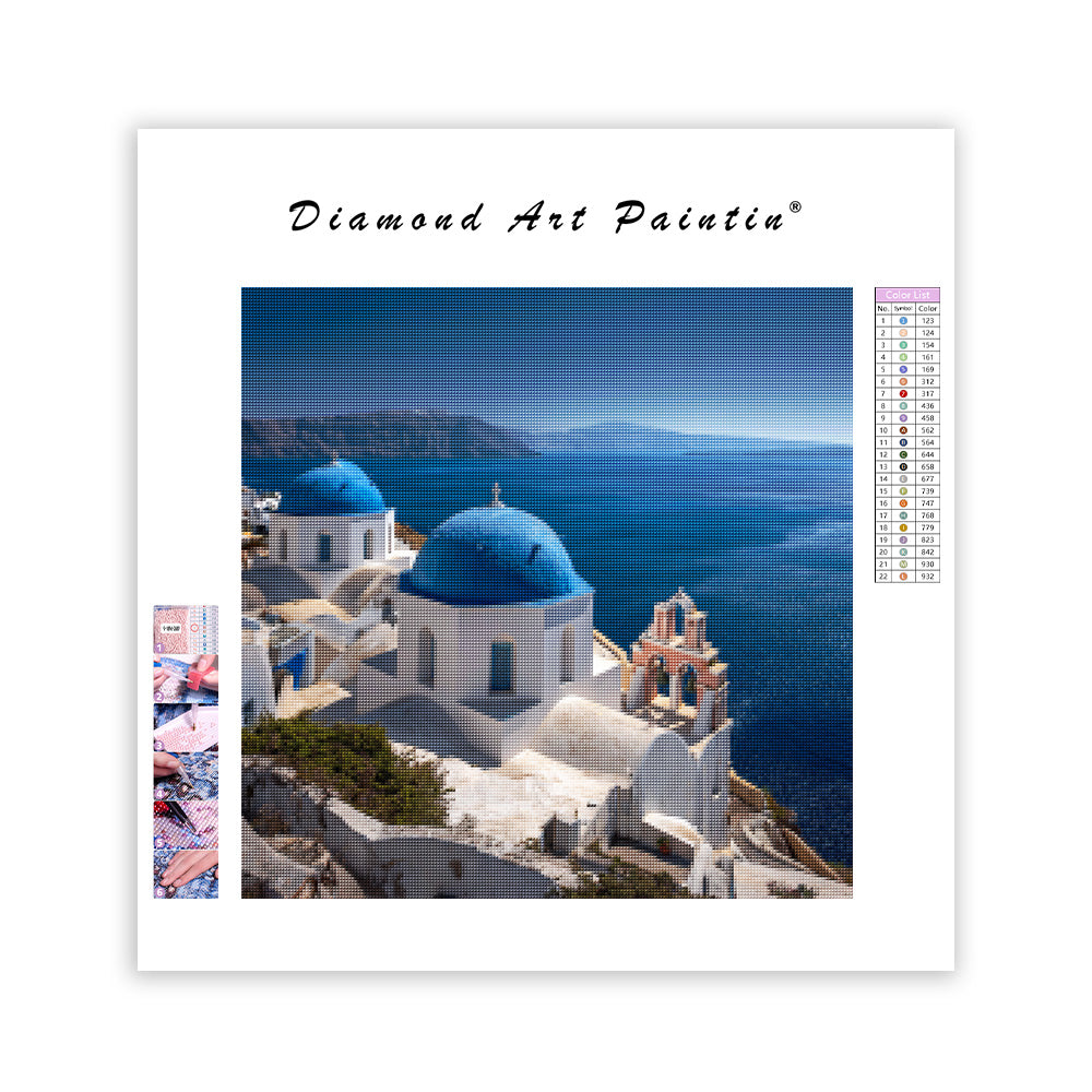 Santorini Blue Dome View - Diamond Painting