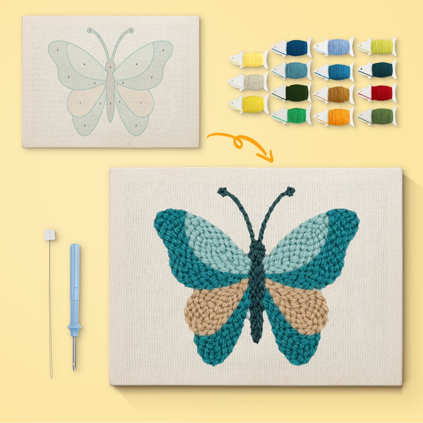 Teal & Beige Butterfly - Punch Needle
