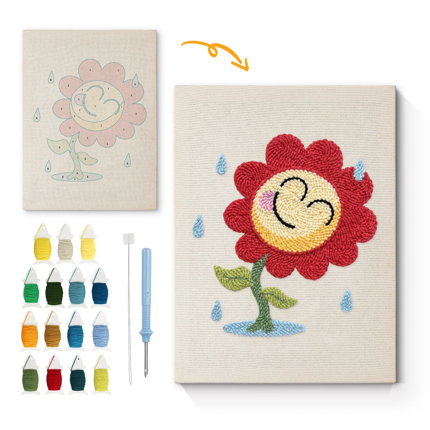 Smiling Sunflower with Rain - Punch Needle