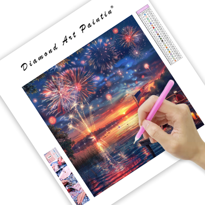 4th of July Fireworks Over Lake - Diamond Painting