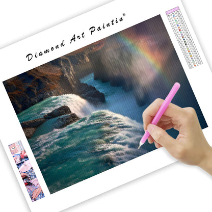 Glistening Waterfall with Rainbow Mist - Diamond Painting