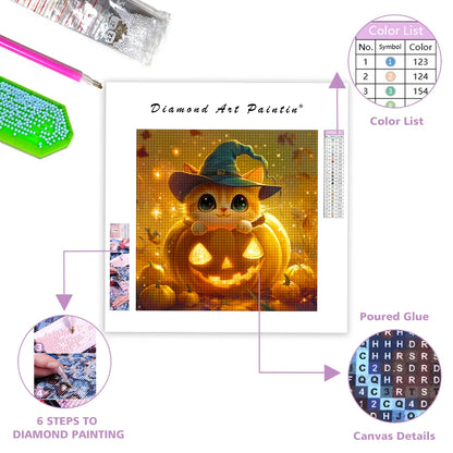 Pumpkin Cat With Hat - Diamond Painting