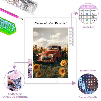 Vintage Truck Surrounded by Sunflowers - Diamond Painting
