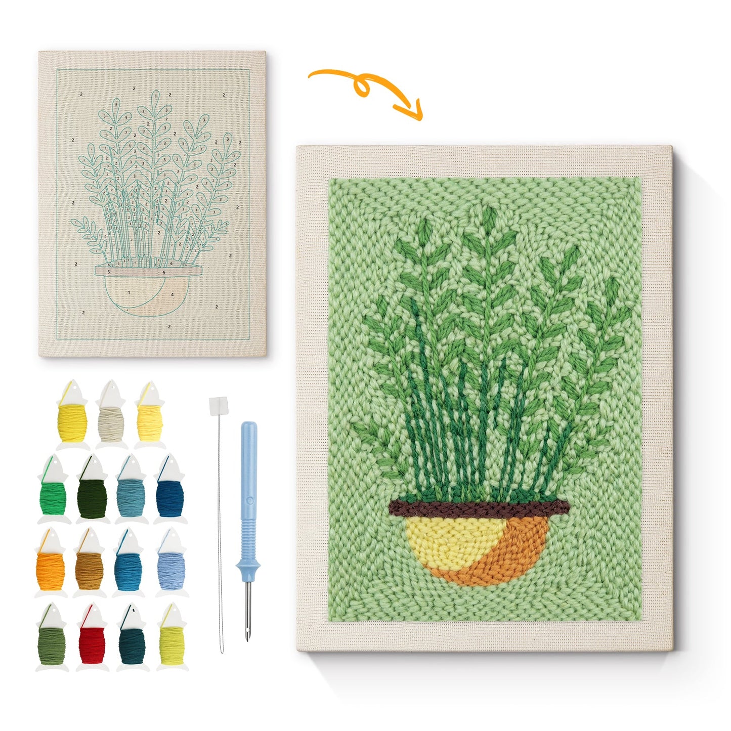 Green Plant in Yellow Pot - Punch Needle