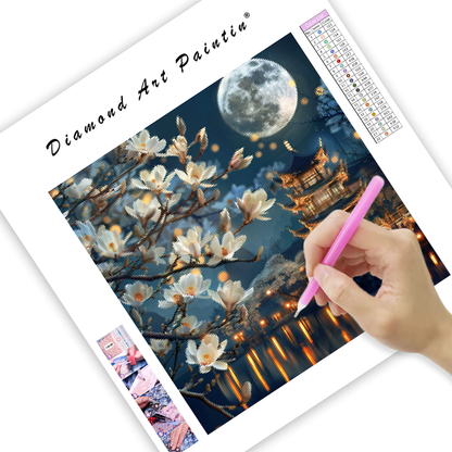 Magnolia Blossom under Moonlit Pagoda - Diamond Painting