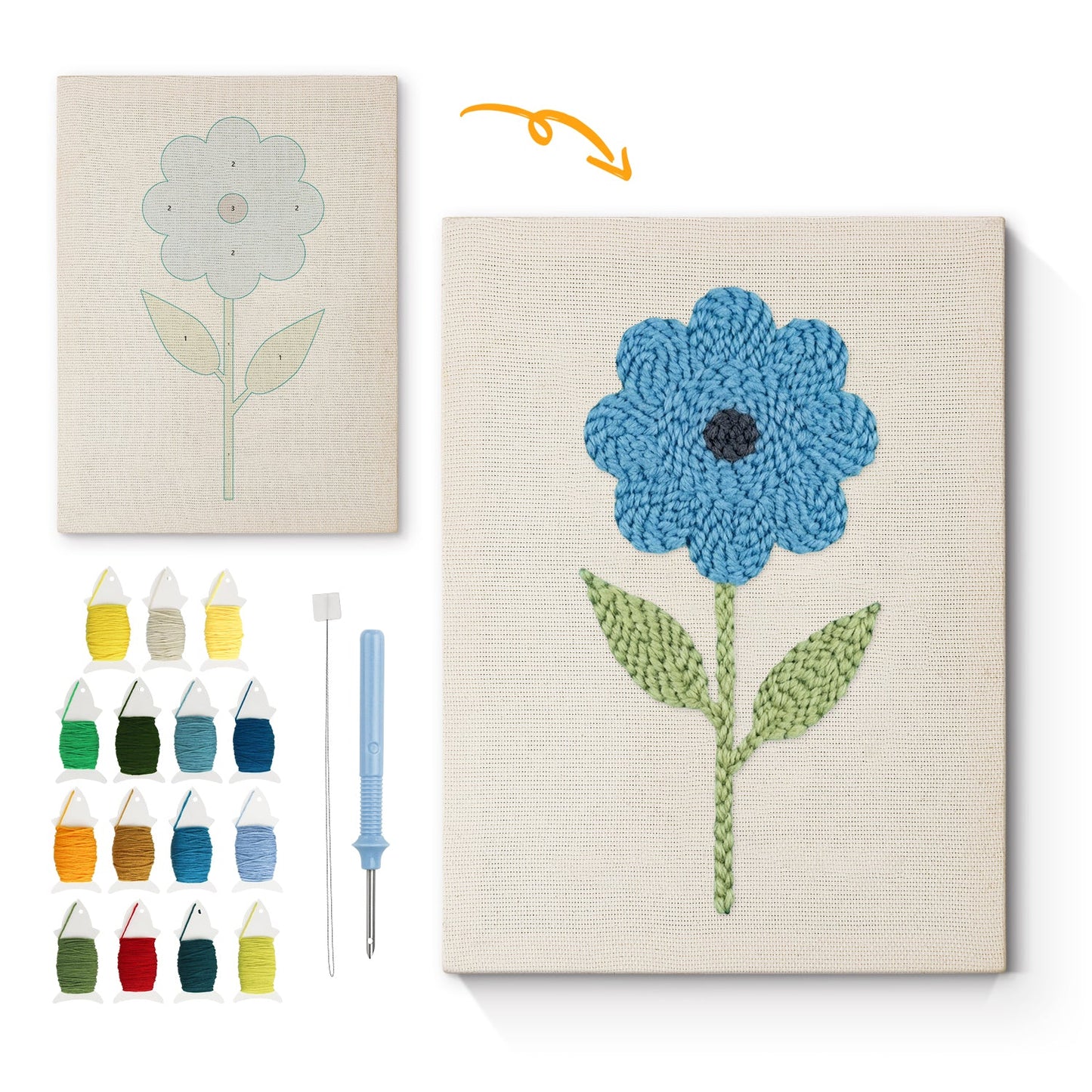 Blue Flower with Green Leaves - Punch Needle